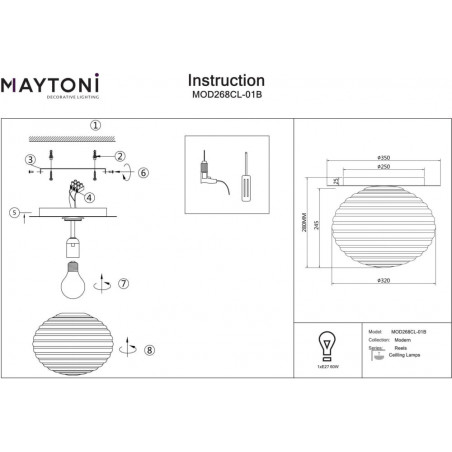 Plafon szklany ryflowany Reels 35cm szkło dymione / czarny Maytoni