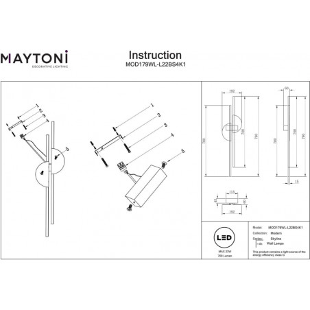 Kinkiet pionowy podwójny Skyline II LED H79cm 4000K czarno-mosiężny Maytoni