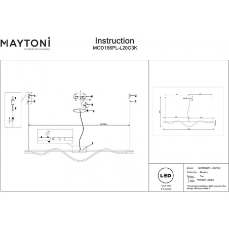 Lampa wisząca nowoczesna Tau LED 3000K 180cm złota Maytoni