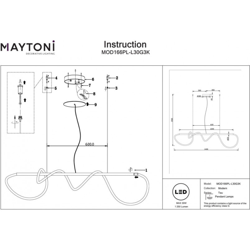 Lampa wisząca nowoczesna Tau LED 3000K 140cm złota Maytoni