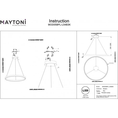 Lampa wisząca okrągła nowoczesna Rim LED 3000K 100cm czarna Maytoni