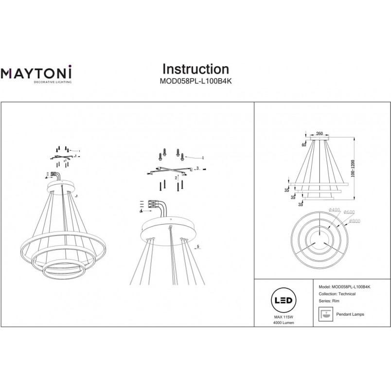 Lampa wisząca okrągła nowoczesna Rim LED 4000K III 80cm czarna Maytoni
