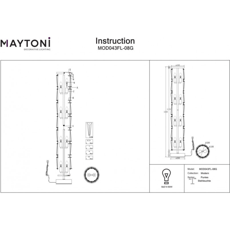Lampa podłogowa kryształowa Puntes 126,5cm złota Maytoni