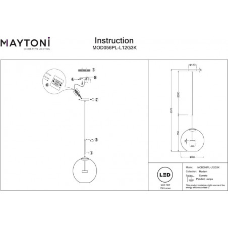 Lampa szklana kula designerska Cometa LED 35cm przeźroczysto-złota Maytoni