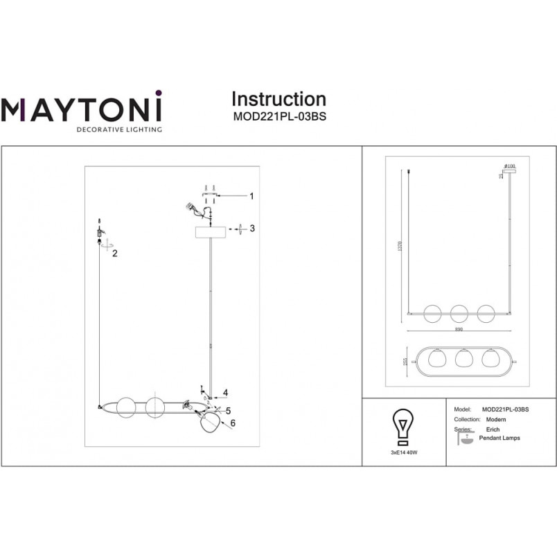 Lampa wisząca 3 szklane kule Erich 89cm opal / mosiądz Maytoni