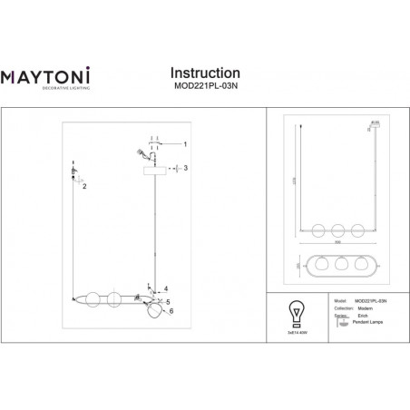 Lampa wisząca 3 szklane kule Erich 89cm opal / nikiel Maytoni