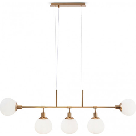 Lampa wisząca podłużna 5 szklanych kul Erich 120cm opal / mosiądz Maytoni