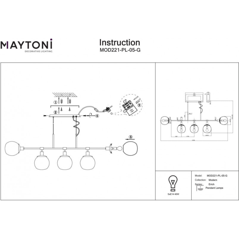 Lampa wisząca podłużna 5 szklanych kul Erich 120cm opal / mosiądz Maytoni