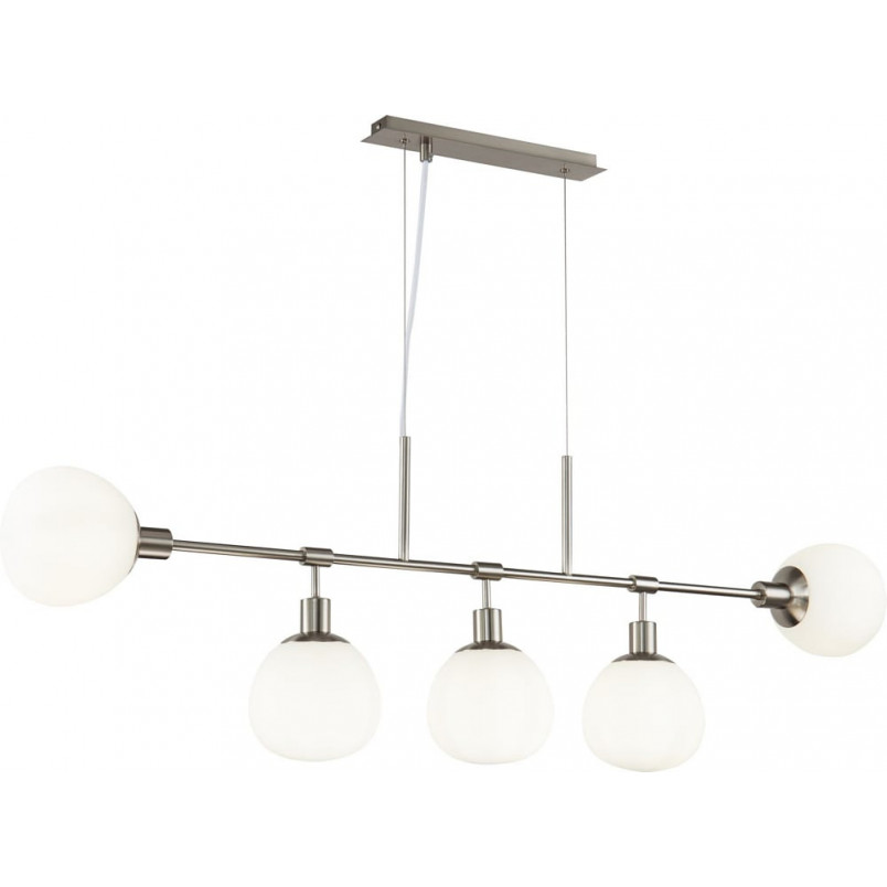 Lampa wisząca podłużna 5 szklanych kul Erich 120cm opal / nikiel Maytoni