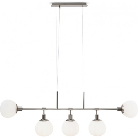 Lampa wisząca podłużna 5 szklanych kul Erich 120cm opal / nikiel Maytoni