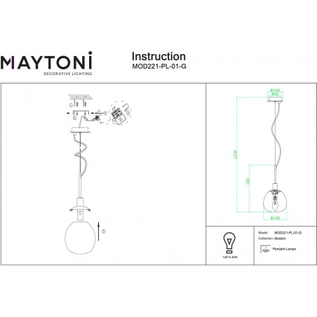 Lampa wisząca szklana kula Erich 15cm opal / mosiądz Maytoni