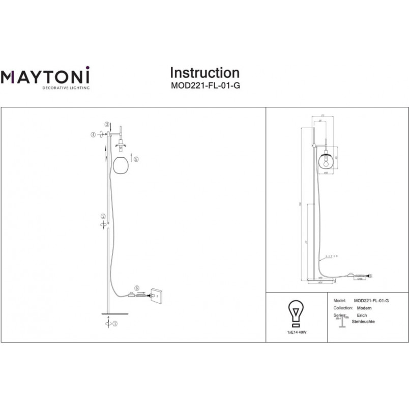 Lampa podłogowa szklana kula Erich opal / mosiądz Maytoni