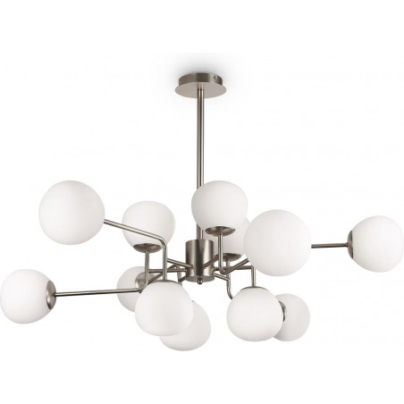 Lampa wisząca 12 szklanych kul Erich 110cm opal / nikiel Maytoni