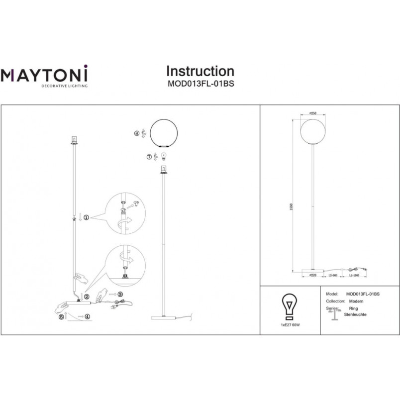 Lampa podłogowa kula szklana Ring 155cm biało-mosiężna Maytoni