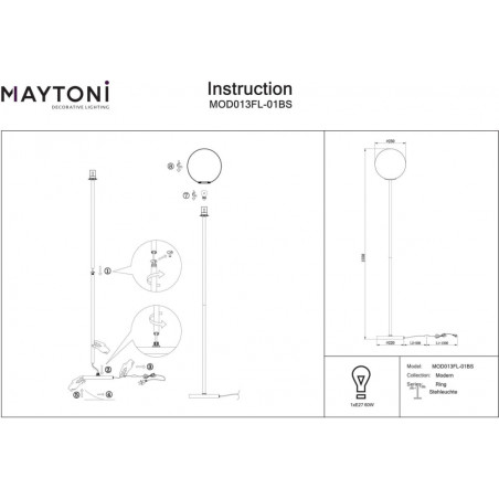 Lampa podłogowa kula szklana Ring 155cm biało-mosiężna Maytoni
