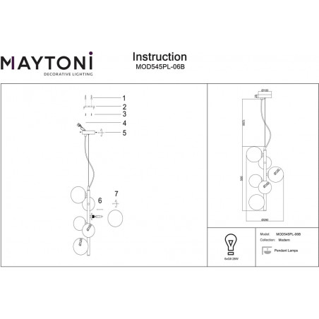 Lampa wisząca pionowa 6 szklanych kul Dallas 29cm szkło dymione / czarny Maytoni