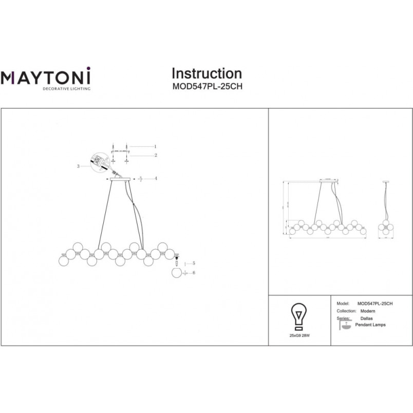 Lampa wisząca podłużna szklane kule Dallas XXV 123,5cm szkło dymione / chrom Maytoni