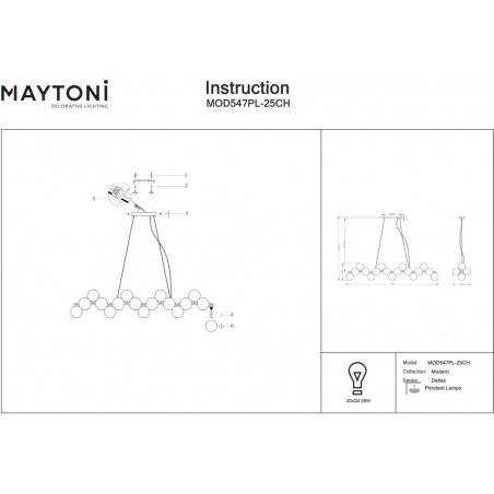 Lampa wisząca podłużna szklane kule Dallas XXV 123,5cm szkło dymione / chrom Maytoni