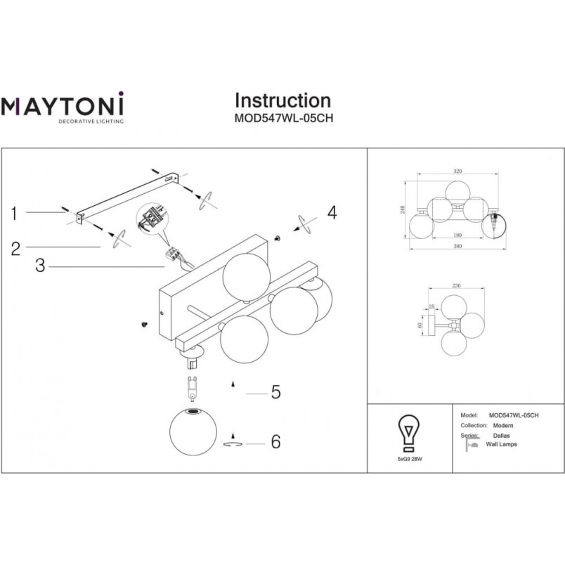 Kinkiet 5 szklanych kul Dallas szło dymione / chrom Maytoni