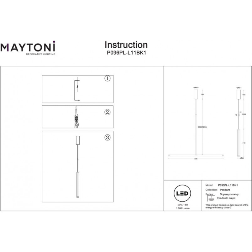 Lampa wisząca ściemniana Supersymmetry LED 4000K 88,6cm czarna Maytoni