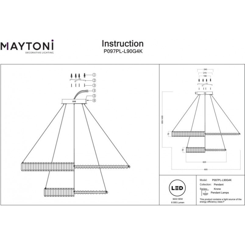 Lampa wisząca kryształowa 2 okręgi Krone LED 80,5cm przeźroczysty / mosiądz Maytoni