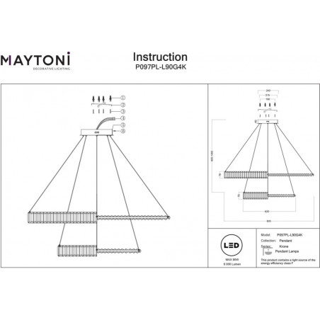 Lampa wisząca kryształowa 2 okręgi Krone LED 80,5cm przeźroczysty / mosiądz Maytoni