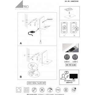 Kinkiet nowoczesny z półką usb i ładowaniem indukcyjnym Fairfield LED czarny mat Trio