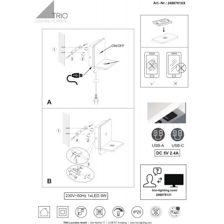 Kinkiet nowoczesny z półką usb i ładowaniem indukcyjnym Fairfield LED czarny mat Trio