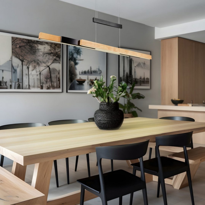 Lampa wisząca podłużna z dotykową regulacją Trajan LED 152cm drewno / czarny Trio