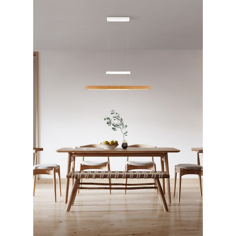 Lampa wisząca podłużna z dotykową regulacją Trajan LED 152cm drewno / biały Trio