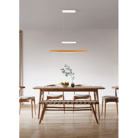 Lampa wisząca podłużna z dotykową regulacją Trajan LED 152cm drewno / biały Trio