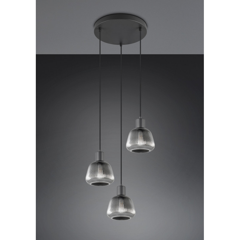 Lampa wisząca szklana ryflowana Tarifa III 37cm chromowany szary / czarny Trio