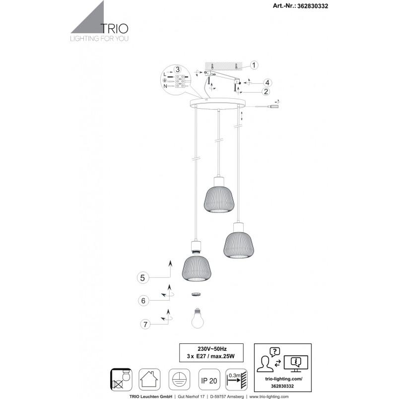 Lampa wisząca szklana ryflowana Tarifa III 37cm chromowany szary / czarny Trio