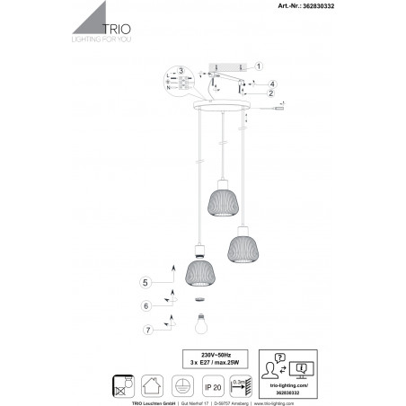 Lampa wisząca szklana ryflowana Tarifa III 37cm chromowany szary / czarny Trio