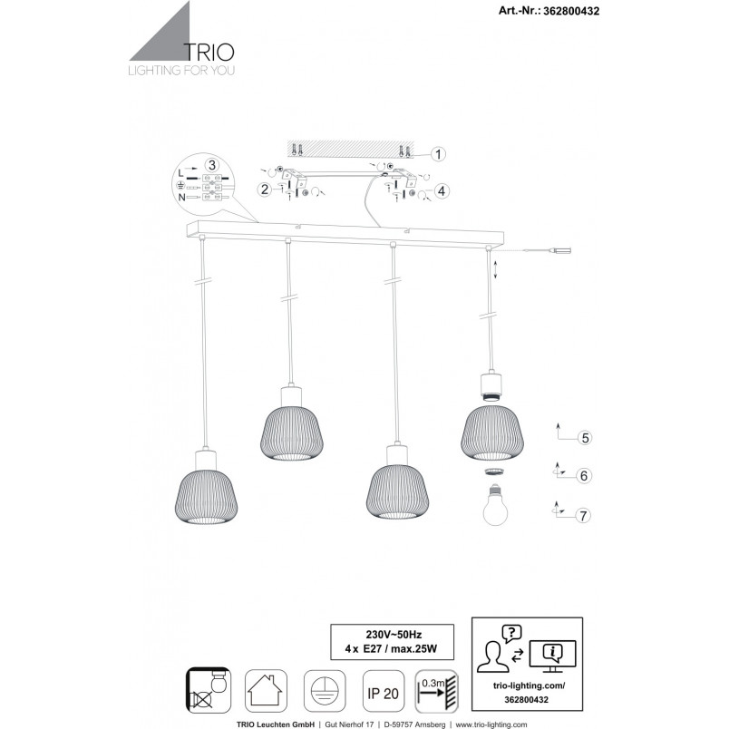 Lampa wisząca szklana ryflowana na listwie Tarifa IV 90cm chromowany szary / czarny Trio