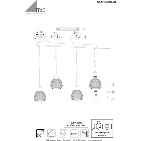 Lampa wisząca szklana ryflowana na listwie Tarifa IV 90cm chromowany szary / czarny Trio