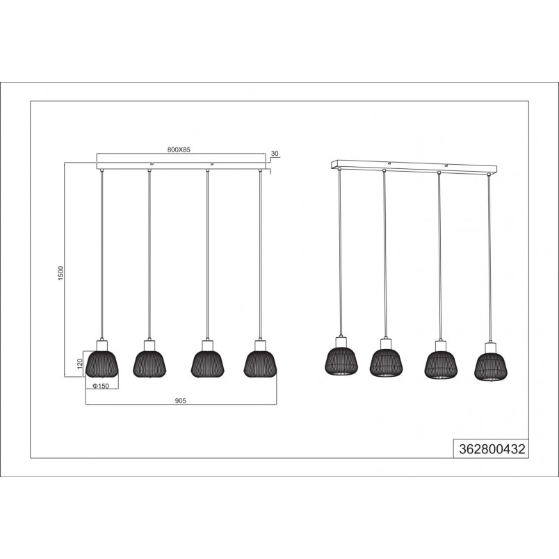 Lampa wisząca szklana ryflowana na listwie Tarifa IV 90cm chromowany szary / czarny Trio