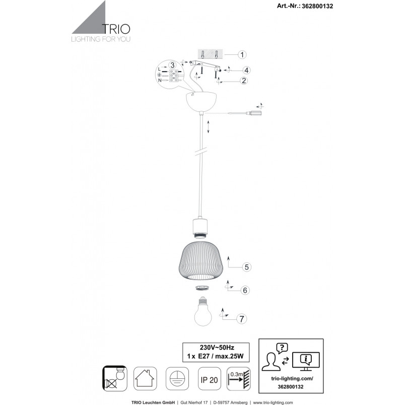 Lampa wisząca szklana ryflowana Tarifa 22cm chromowany szary / czarny Trio