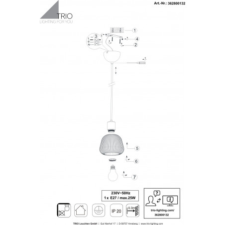Lampa wisząca szklana ryflowana Tarifa 22cm chromowany szary / czarny Trio