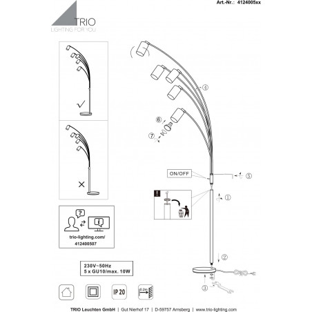 Lampa podłogowa 5 punktowa regulowana Marley 200cm nikiel Trio