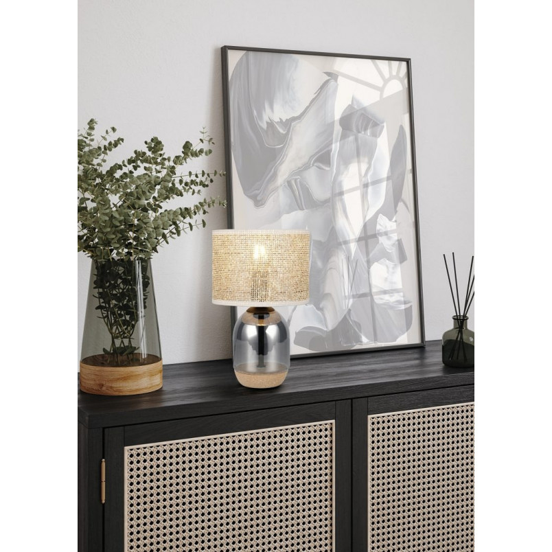 Lampa stołowa na szklanej podstawie z plecionym kloszem Tara 20cm H32cm chrom Trio