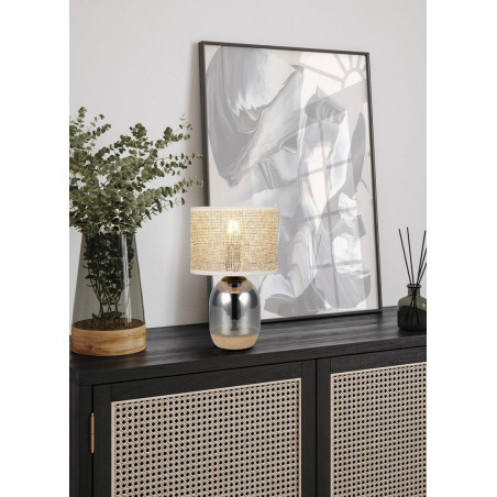 Lampa stołowa na szklanej podstawie z plecionym kloszem Tara 20cm H32cm chrom Trio