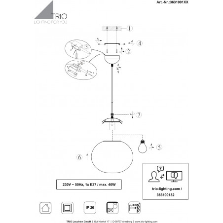Lampa wisząca szklana kula Fomento 30cm biały / czarny Trio