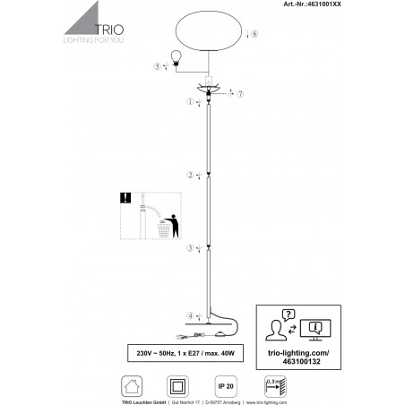 Lampa podłogowa szklana kula Fomento 150cm biały / mosiądz Trio
