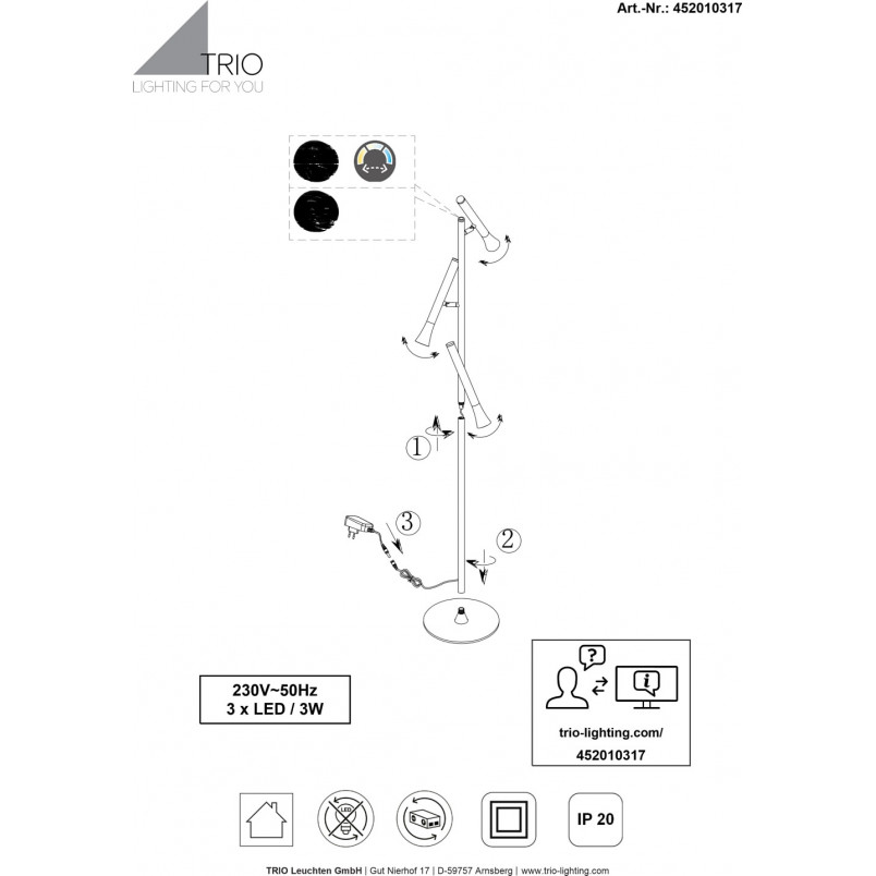Lampa podłogowa 3 punktowa ze ściemniaczem Fiato LED 150cm brąz / czarny Trio