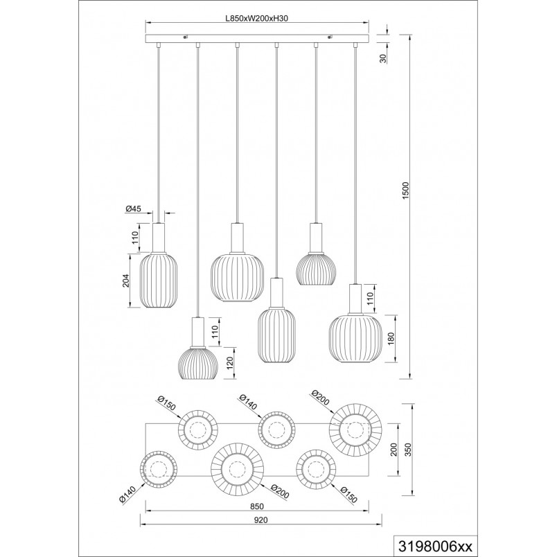 Lampa wisząca szklana na listwie Diva VI 92cm chrom / czarny mat Trio