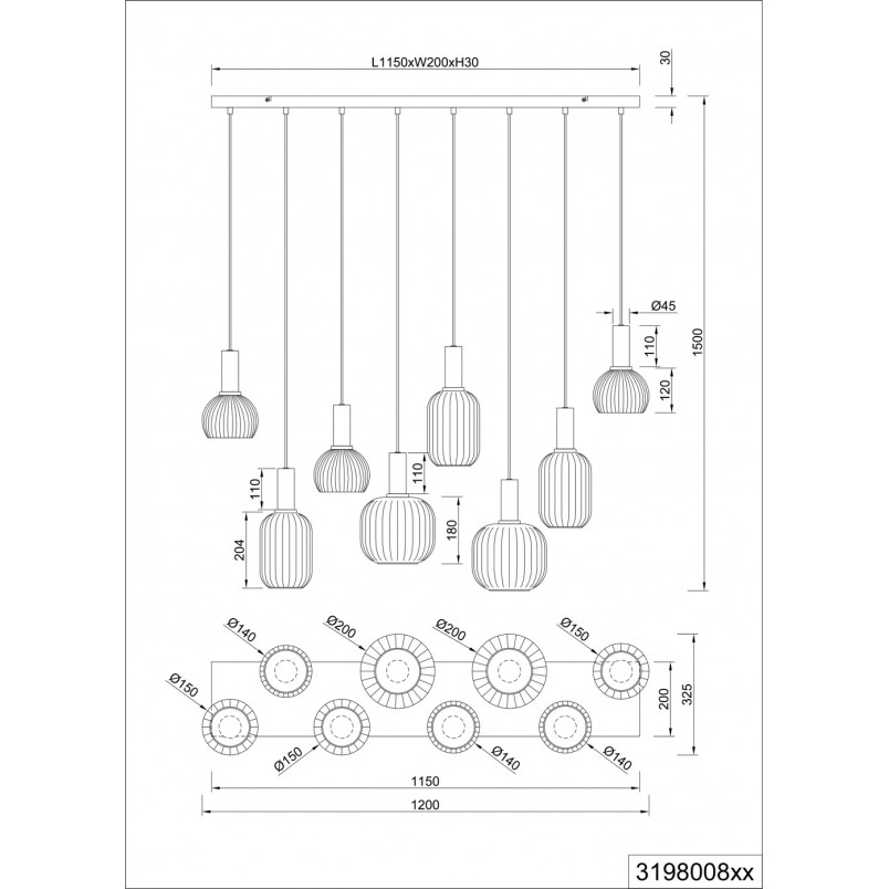 Lampa wisząca szklana na listwie Diva VIII 120cm biały / mosiądz Trio
