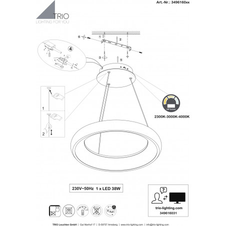 Lampa wisząca okrągła z regulacją barwy światła Cardona LED 62cm biały mat Trio