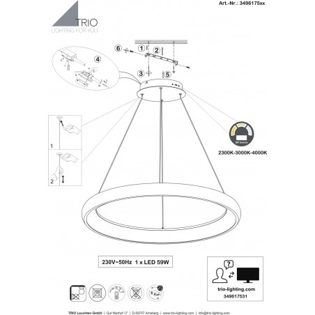 Lampa wisząca okrągła z regulacją barwy światła Cardona LED 75cm biały mat Trio
