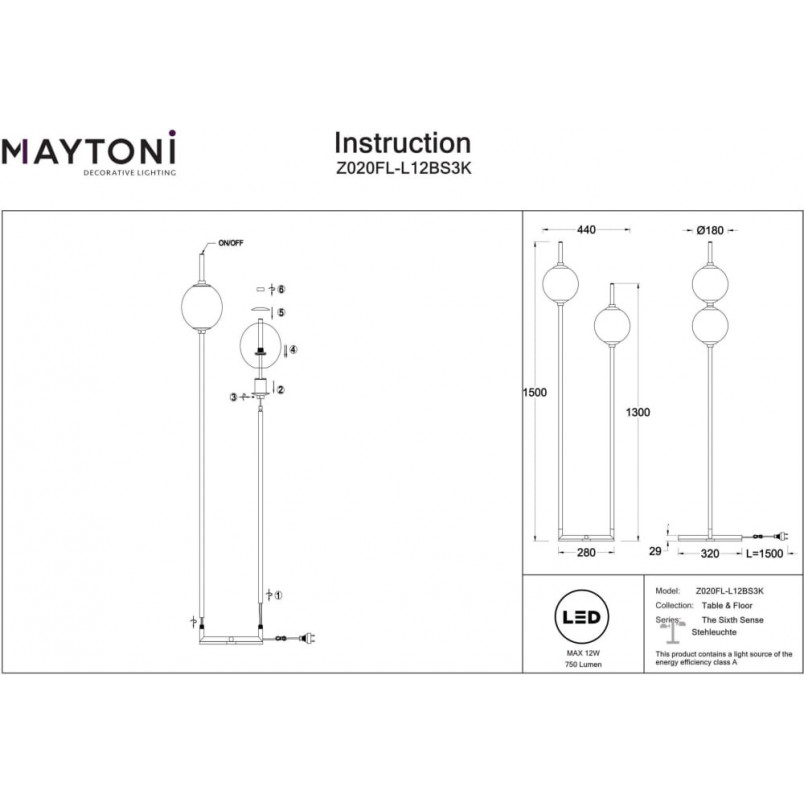 Lampa podłogowa 2 szklane kule The Sixth Sense 150cm biały / mosiądz Maytoni